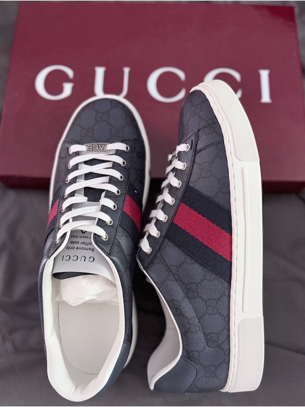 Brand New Gucci Ace GG Supreme Sneakers Blue Monogram Red/Navy Web